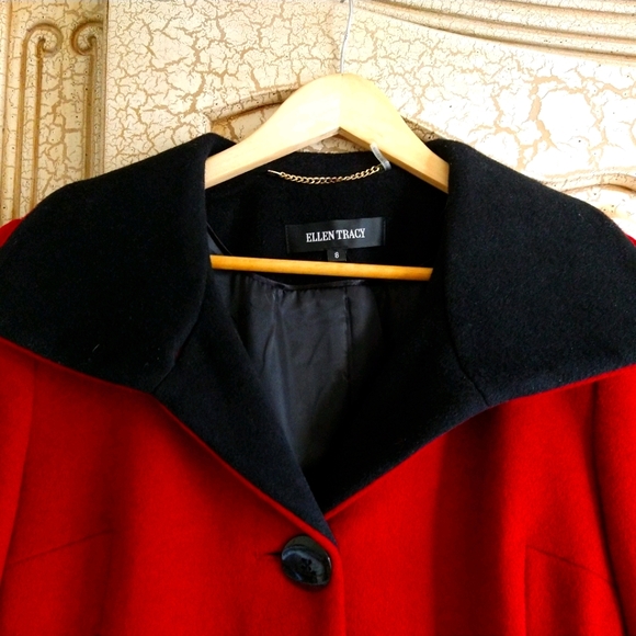 ELLEN TRACY Ladies Size M ANGORA BLEND WINTER CAR COAT Red Black Color Block - Picture 2 of 7